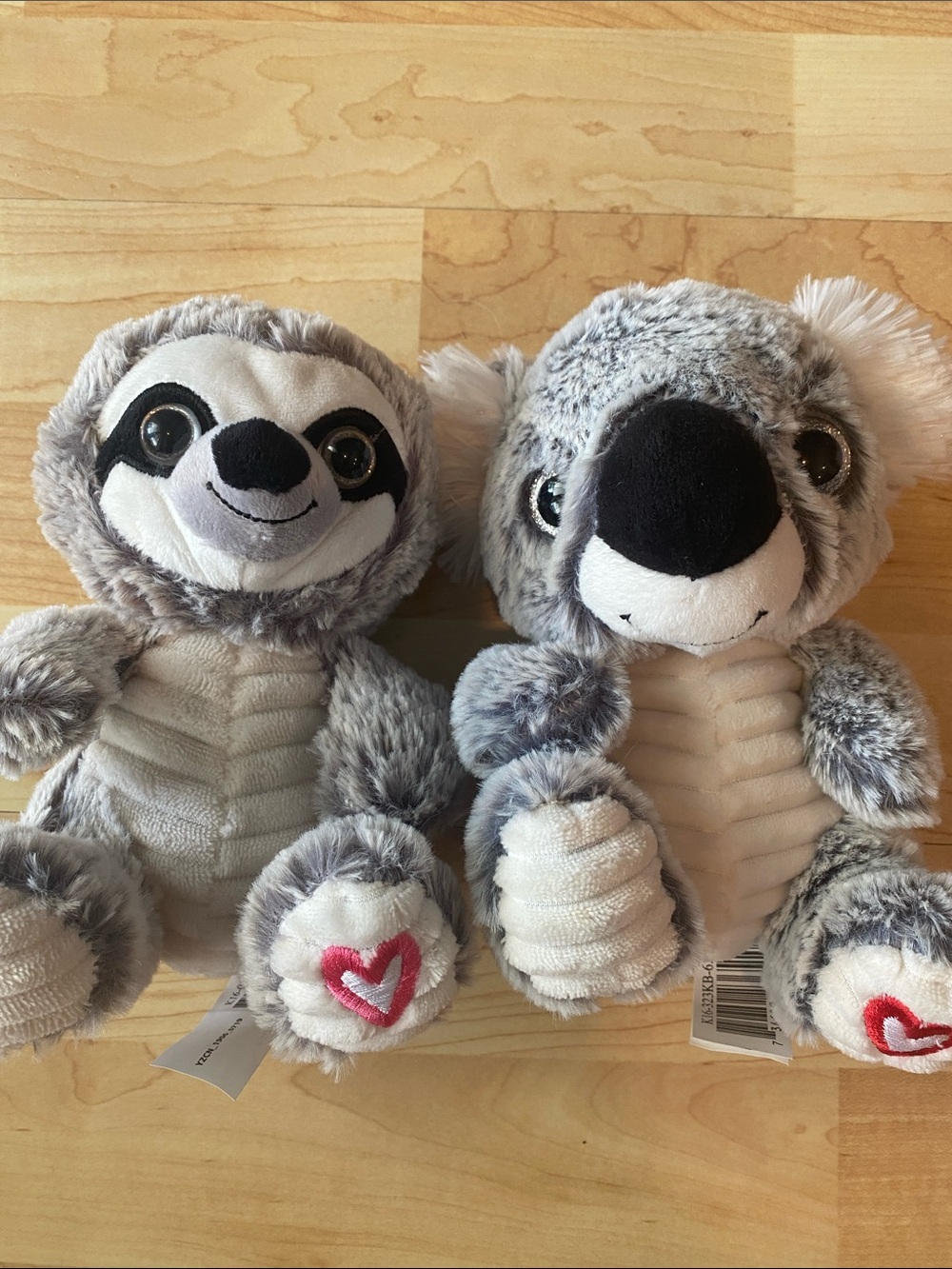 Bundle of 2 plush Sloth & Koala 7” Stuffed Animals - Gray/White with Red Heart